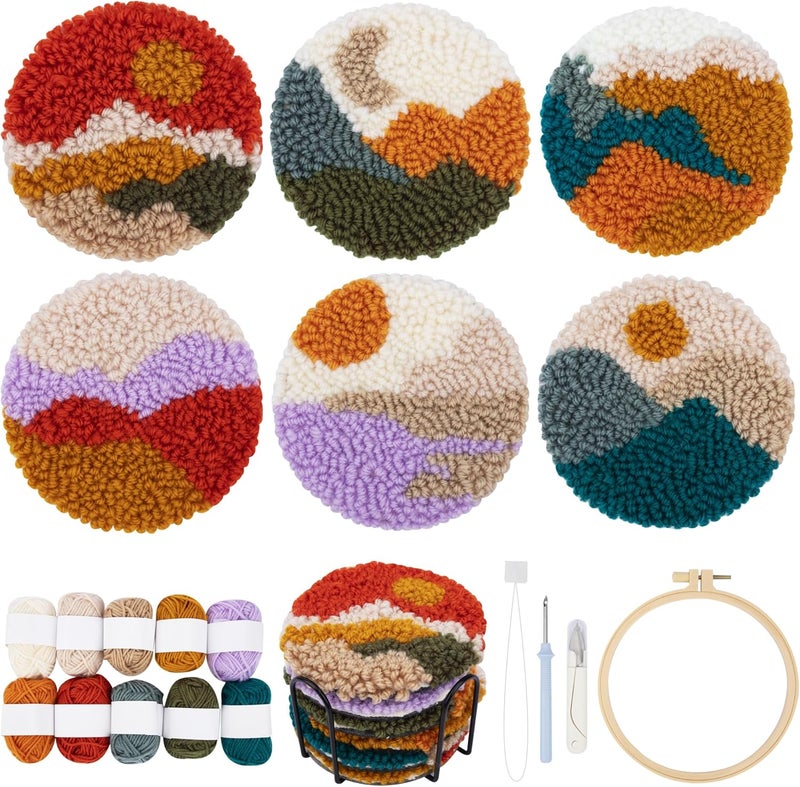 Temlum Punch Needle Coasters Kit, Punch Needle Embroidery Kits for Adults and Beginners - Including Patterns, Tools, Yarns, Hoop, Instruction, Coaster Holder Art Craft Supplies - Landscape - Image 1